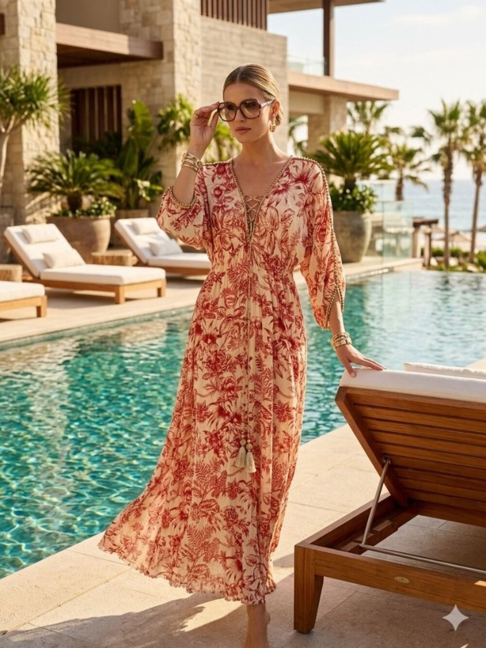 Z&L Europe Bohemian Caftan Maxi Dress S Red Cream Floral‎ Gold Beads Boho Resort